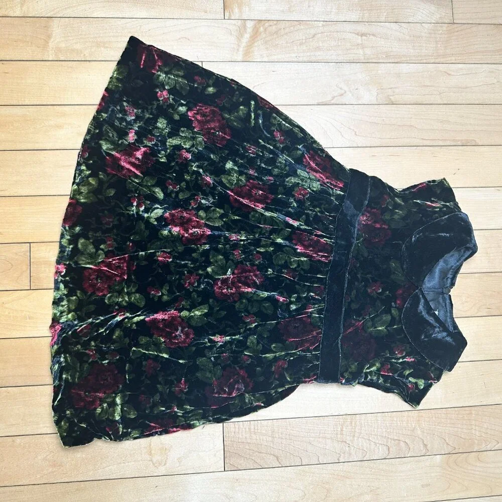 GYMBOREE Red Black Green Velvet Floral Lined Dress Size 18-24 months